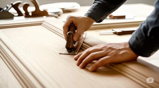 Artisan crafting a wooden door with precision tools